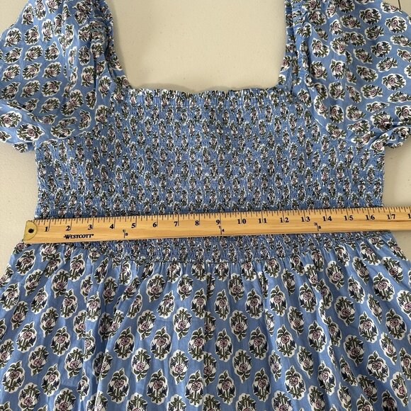 J Crew Smocked Puff Sleeve Midi Dress XL Blue Floral - Picture 9 of 14